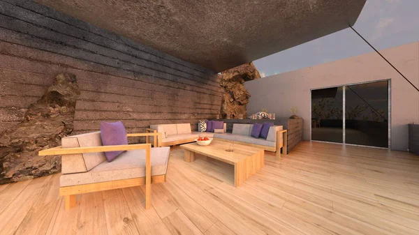 Taş duvar terasının 3D görüntüsü