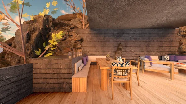Taş duvar terasının 3D görüntüsü
