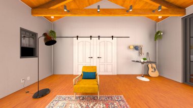 Oturma odasının ahşap kirişlerle 3 boyutlu canlandırması