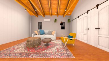 Oturma odasının ahşap kirişlerle 3 boyutlu canlandırması