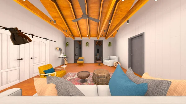 Oturma odasının ahşap kirişlerle 3 boyutlu canlandırması