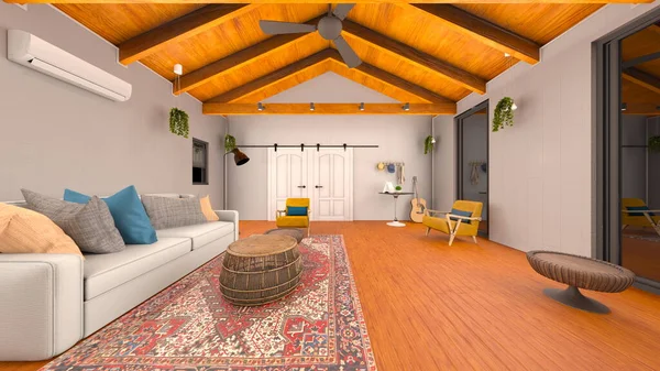 Oturma odasının ahşap kirişlerle 3 boyutlu canlandırması