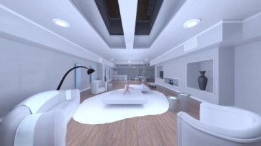 3D rendering of the white base living room and dining kitchen