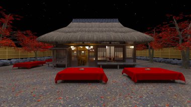 Japon çay evinin 3D görüntüsü.