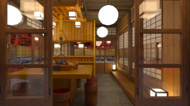 Japon çay evinin 3D görüntüsü.