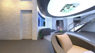 Oturma odasının gece görüşlü 3D görüntüsü