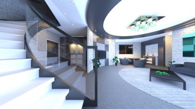 Oturma odasının gece görüşlü 3D görüntüsü