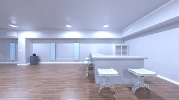 白色底座客厅和餐厅的3D渲染 — 图库照片