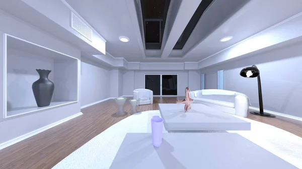 Rendering White Base Living Room Dining Kitchen — 스톡 사진