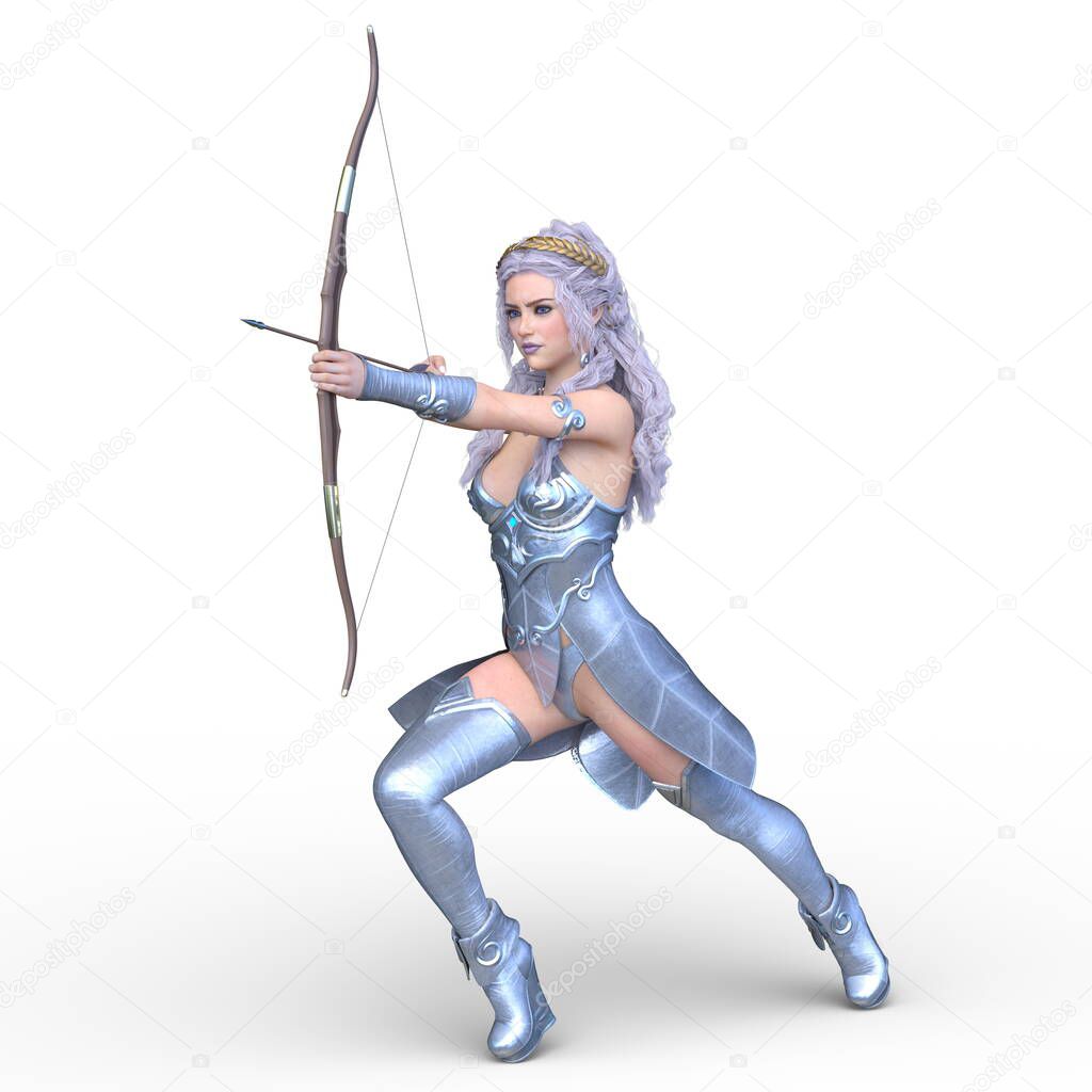 3D rendering of a female warrior with a bow and arrow