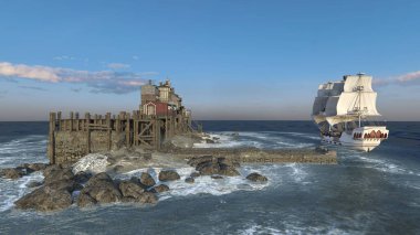 Kayıkhanenin ve yelkenlinin 3D görüntüsü.