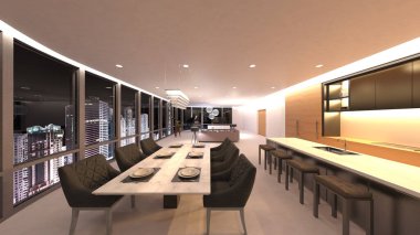 Büyük piyanolu oturma odasının 3 boyutlu canlandırması