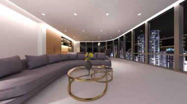 Büyük piyanolu oturma odasının 3 boyutlu canlandırması