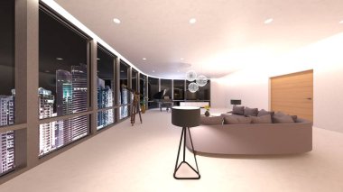 Büyük piyanolu oturma odasının 3 boyutlu canlandırması