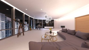 Büyük piyanolu oturma odasının 3 boyutlu canlandırması