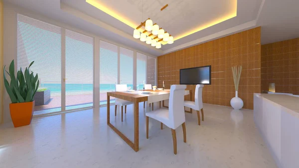 Rendering Della Sala Pranzo Con Vista Mare — Foto Stock