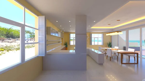 Rendering Dining Room Sea View Stock Photo