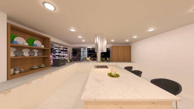 Yemek odasının gece görüşlü 3D görüntüsü.