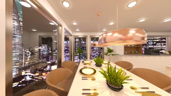 Rendering Dining Room Night View — Stock Photo, Image