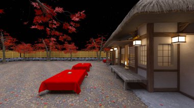 Japon çay evinin 3D görüntüsü.