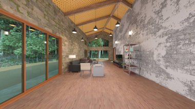 Büyük pencereli oturma odasının 3B görüntüsü