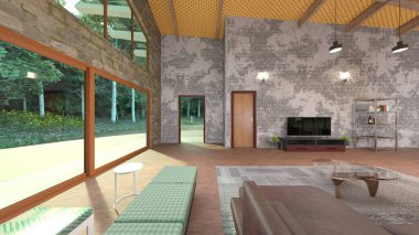 Büyük pencereli oturma odasının 3B görüntüsü