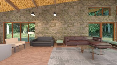 Büyük pencereli oturma odasının 3B görüntüsü