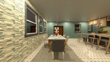Yemek odasının gece görüşlü 3D görüntüsü.
