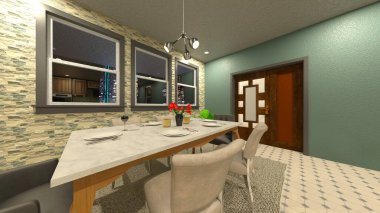 Yemek odasının gece görüşlü 3D görüntüsü.