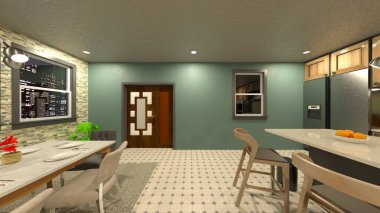 Yemek odasının gece görüşlü 3D görüntüsü.