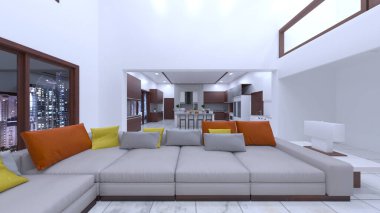 Oturma odasının ve yemek odasının gece görüşlü 3 boyutlu görüntüsü.