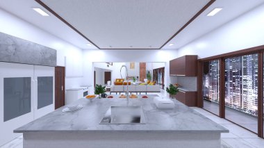 Oturma odasının ve yemek odasının gece görüşlü 3 boyutlu görüntüsü.