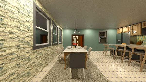 Yemek odasının gece görüşlü 3D görüntüsü.