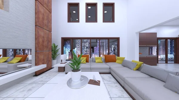 Oturma odasının ve yemek odasının gece görüşlü 3 boyutlu görüntüsü.