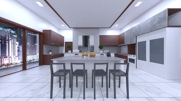 Oturma odasının ve yemek odasının gece görüşlü 3 boyutlu görüntüsü.