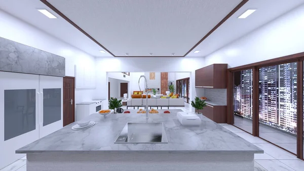 Oturma odasının ve yemek odasının gece görüşlü 3 boyutlu görüntüsü.