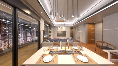 Oturma odasının gece görüşlü 3D görüntüsü