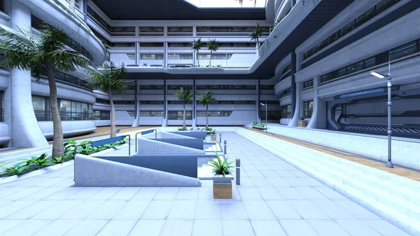 酒店庭院3D渲染 — 图库照片