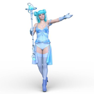 Sihirli değnekli bir kadının 3 boyutlu görüntüsü