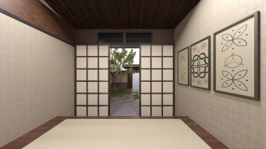 Japon tarzı otelin ve bahçesinin 3 boyutlu tasarımı