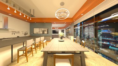 Yemek odasının gece görüşlü 3D görüntüsü.