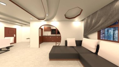 Oturma odası ve yemek odasının 3 boyutlu canlandırması