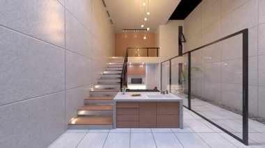 Oturma odası ve yemek mutfağının 3 boyutlu canlandırması