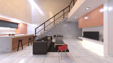 Oturma odası ve yemek mutfağının 3 boyutlu canlandırması