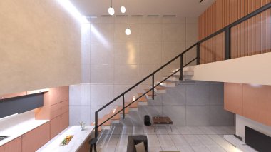 Oturma odası ve yemek mutfağının 3 boyutlu canlandırması