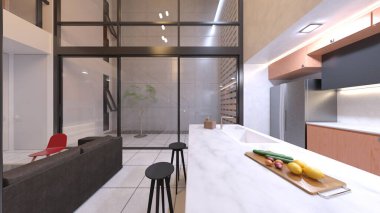 Oturma odası ve yemek mutfağının 3 boyutlu canlandırması