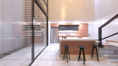 Oturma odası ve yemek mutfağının 3 boyutlu canlandırması