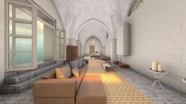 Taş duvarlı oturma odasının 3 boyutlu görüntüsü