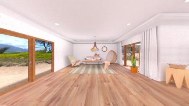 Büyük pencereli oturma odasının 3B görüntüsü