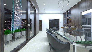 Yemek odasının gece görüşlü 3D görüntüsü.